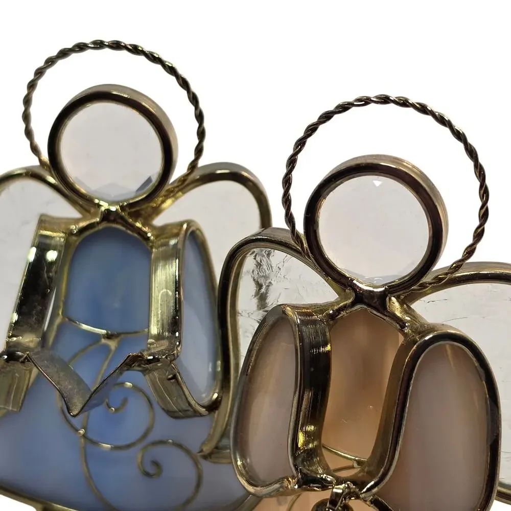 Stained Glass Angel Figurines Trio Brass Trim Christmas Decor Set, Vintage